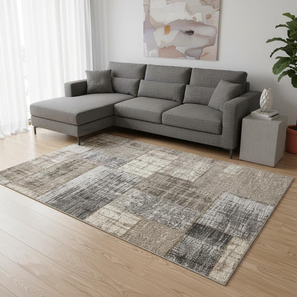 8 X 11 Gray Cream And Tan Abstract Area Rug