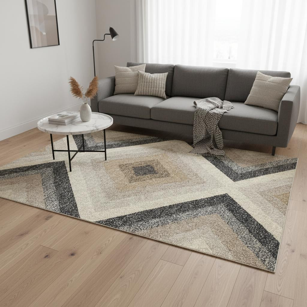 5 X 8 Gray Beige And Black Geometric Area Rug