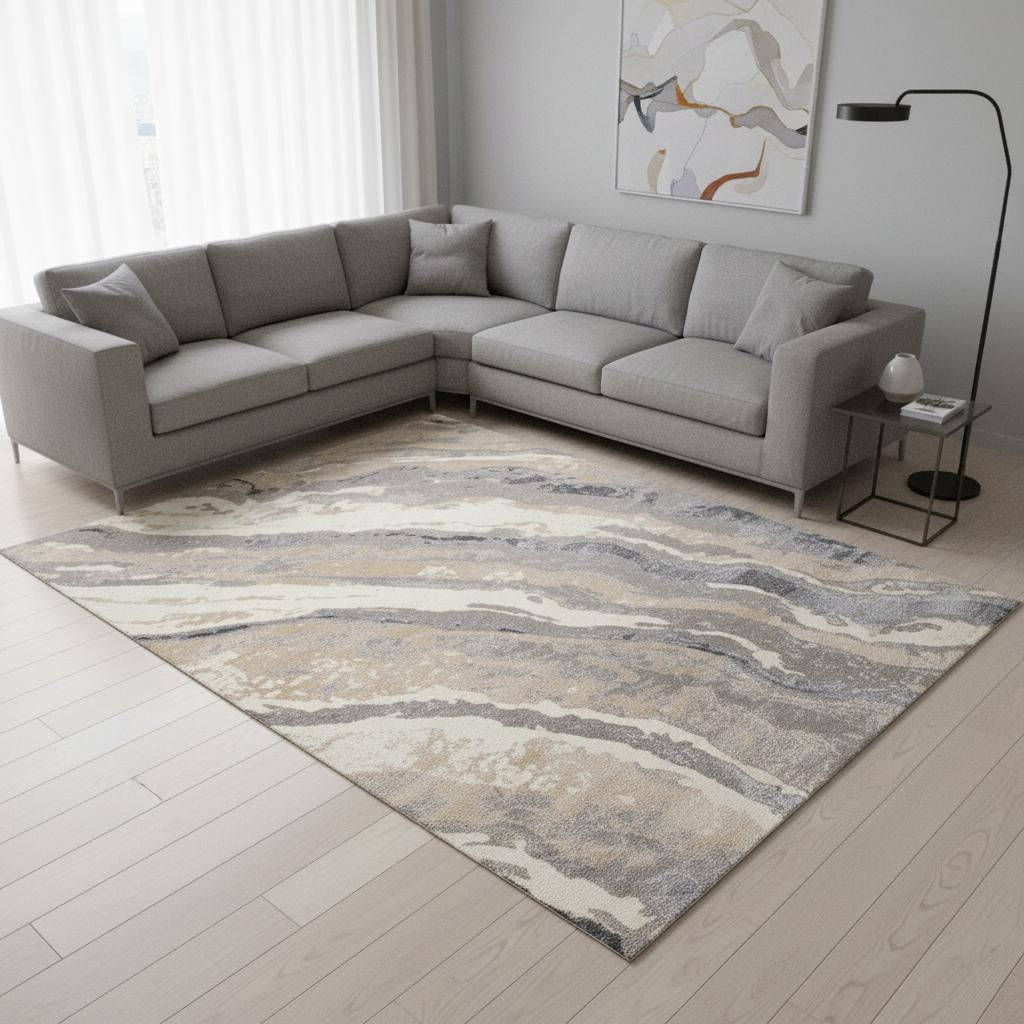 8 X 11 Taupe Gray And Ivory Abstract Area Rug