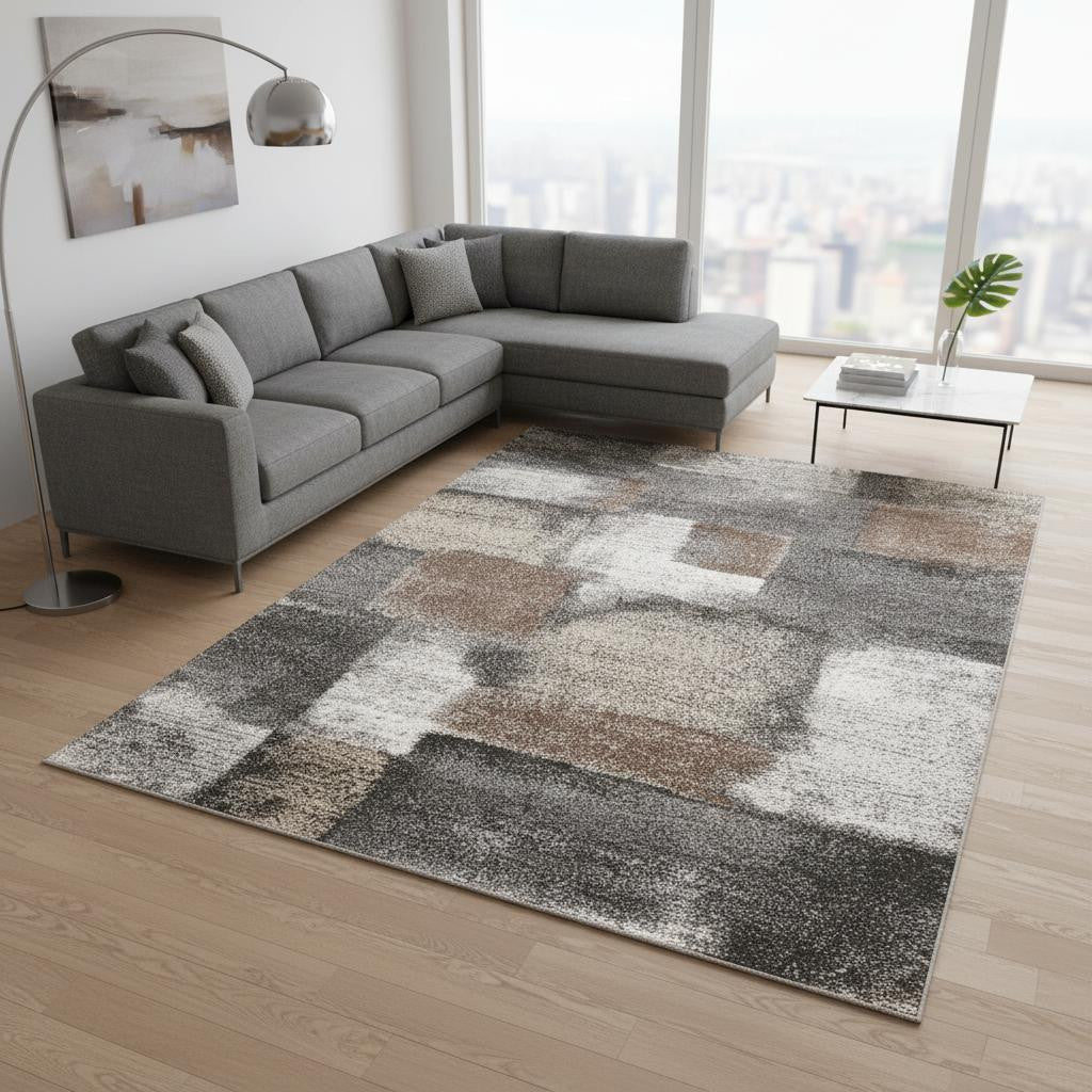 7 X 10 Gray Brown And Ivory Abstract Area Rug