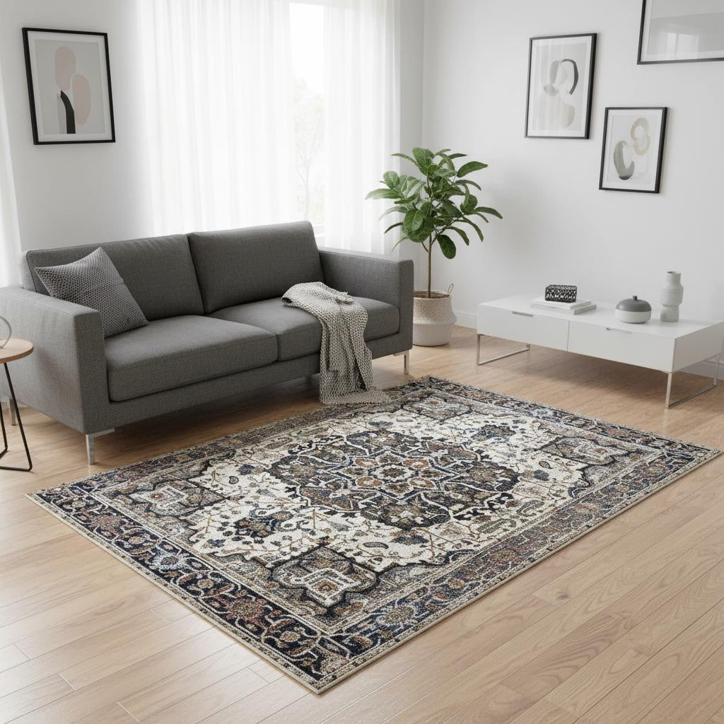 5 X 8 Gray Black And Ivory Medallion Area Rug