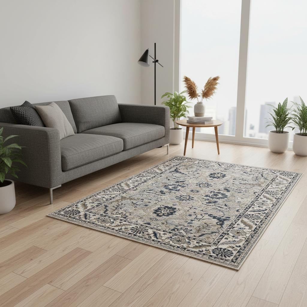 5 X 8 Beige Gray And Black Medallion Area Rug