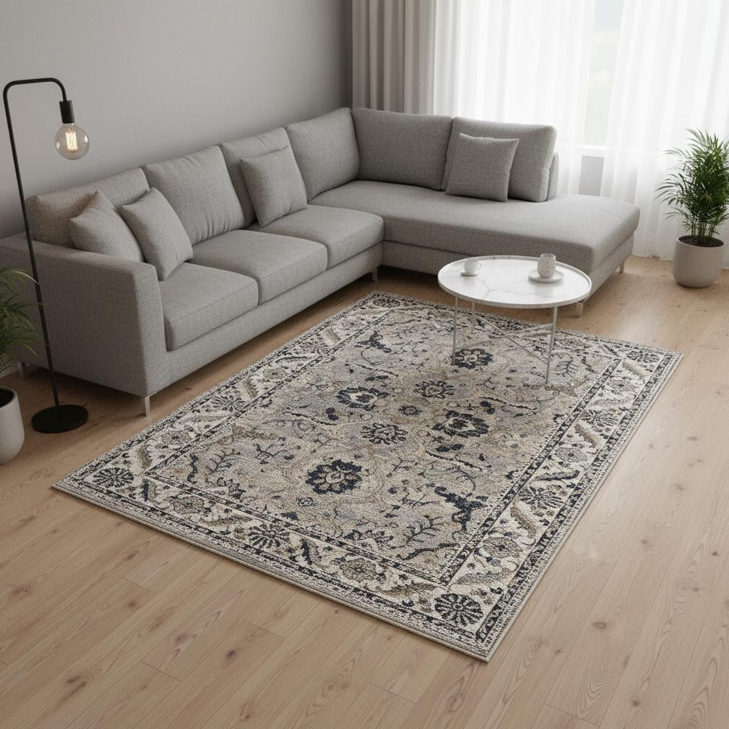 8 X 10 Beige Gray And Black Medallion Area Rug