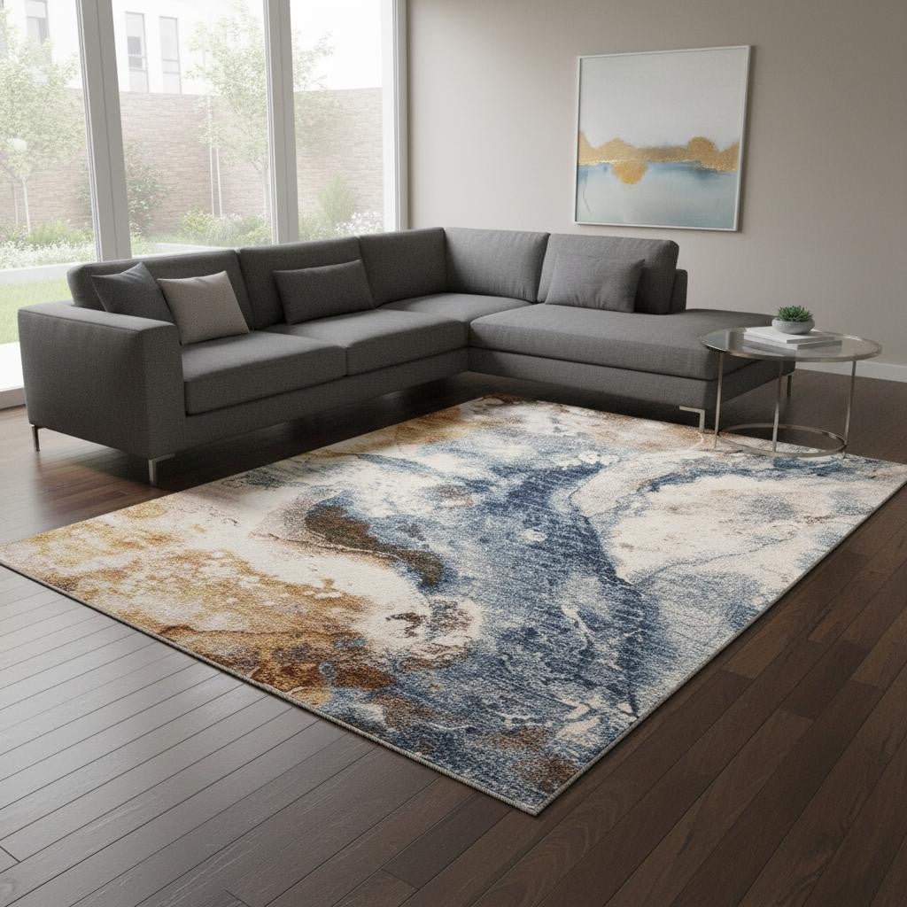 8 X 10 Cream Copper And Blue Abstract Area Rug