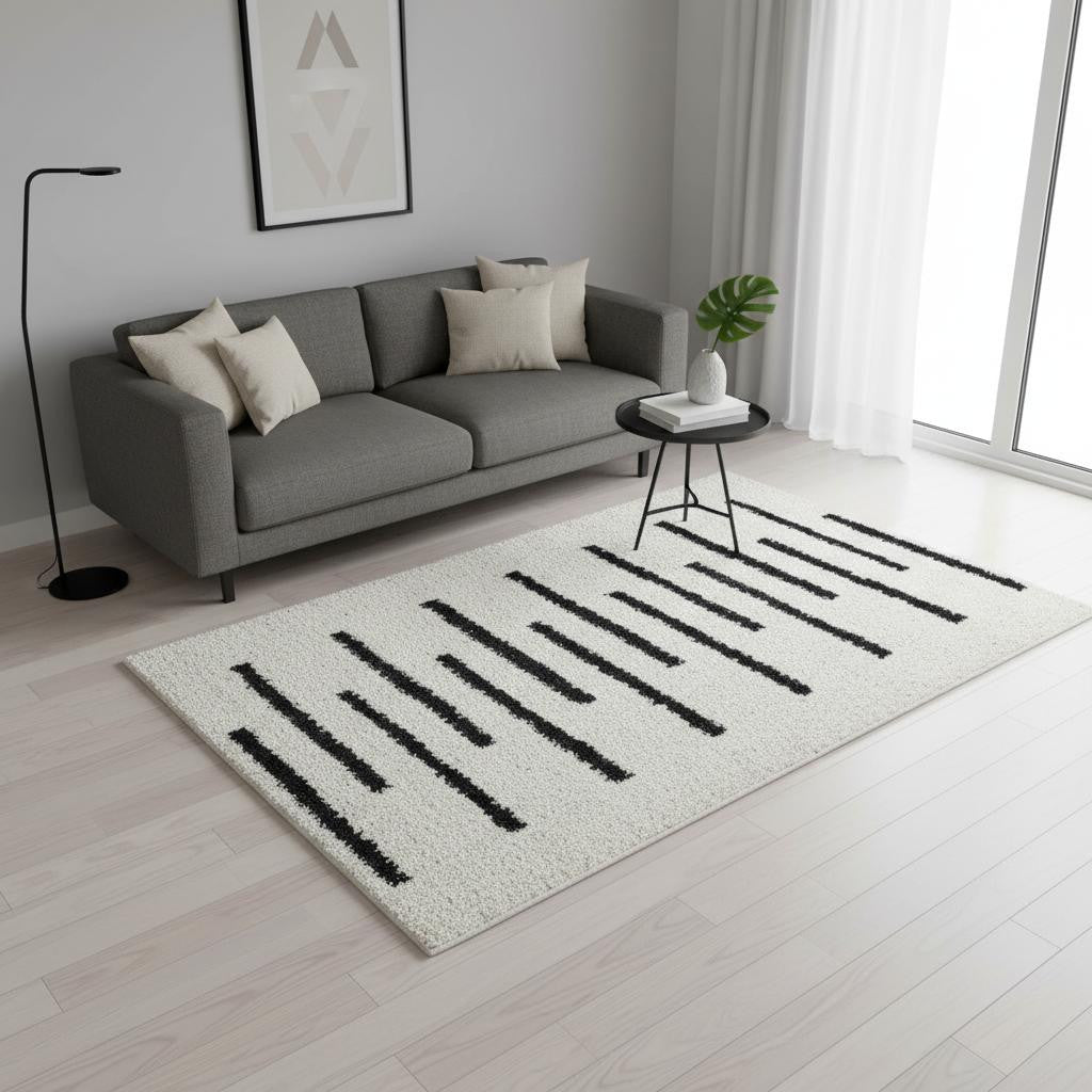 5 X 8 Cream And Black Striped Area Rug