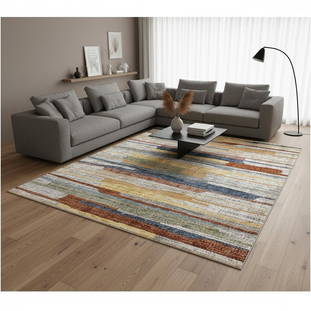 8 X 10 Gray Blue And Yellow Abstract Area Rug
