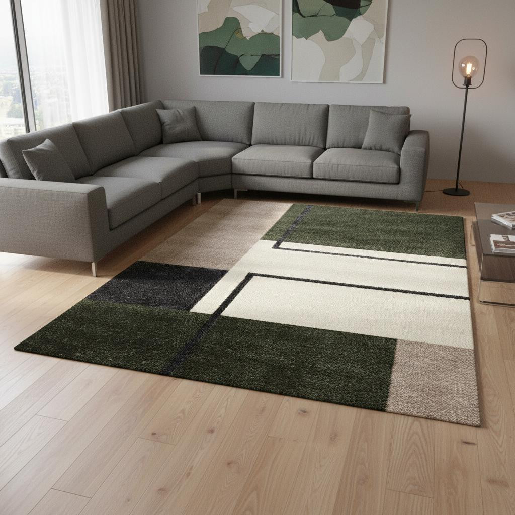 8 X 11 Green Black And Ivory Geometric Area Rug