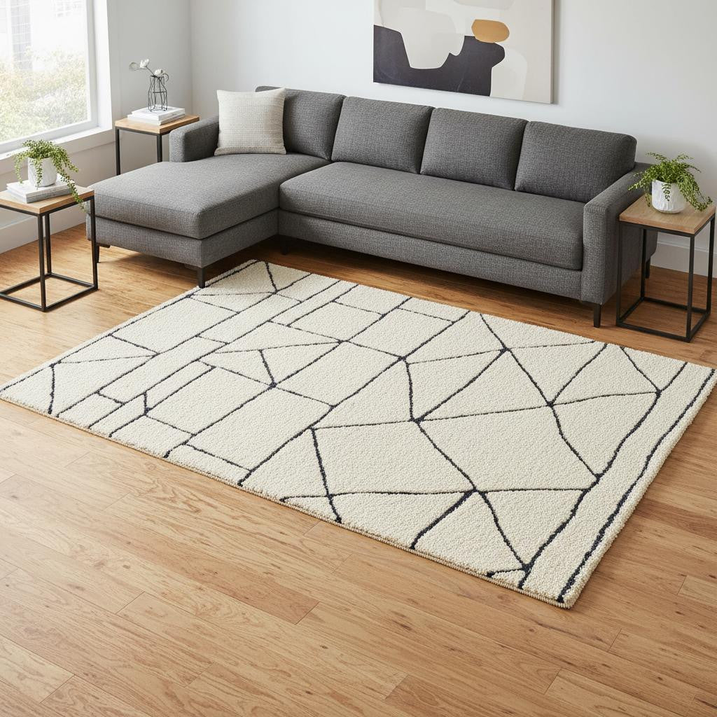 8 X 11 Cream And Black Geometric Area Rug
