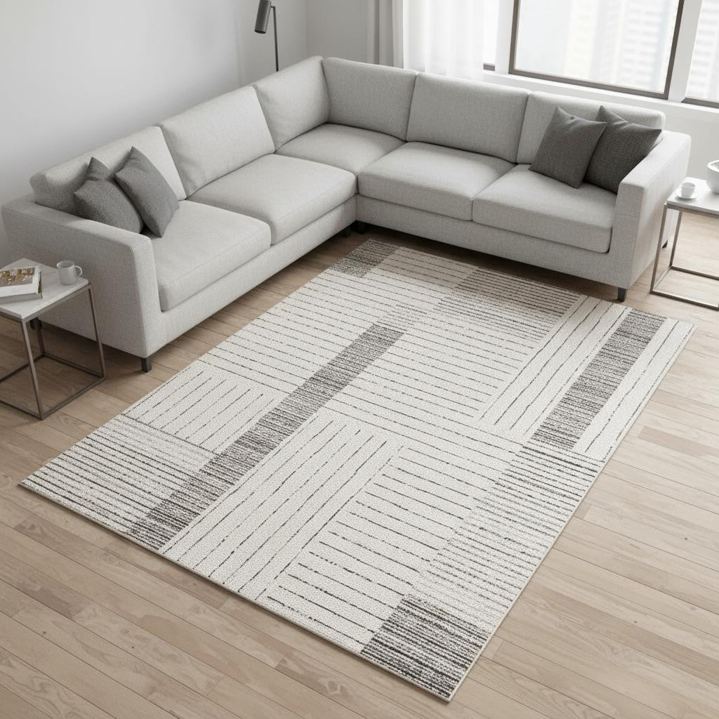 8 X 11 Ivory And Black Striped Area Rug