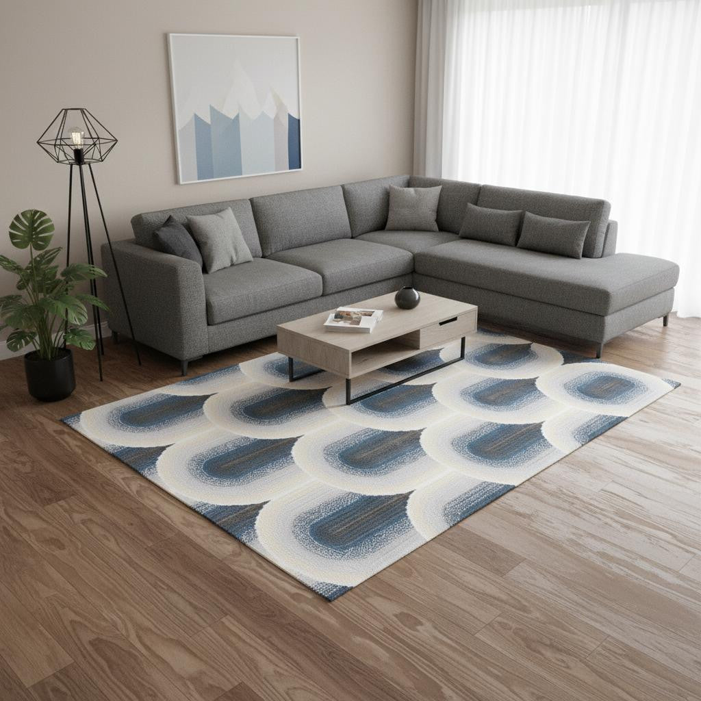 8 X 11 Cream And Blue Geometric Area Rug