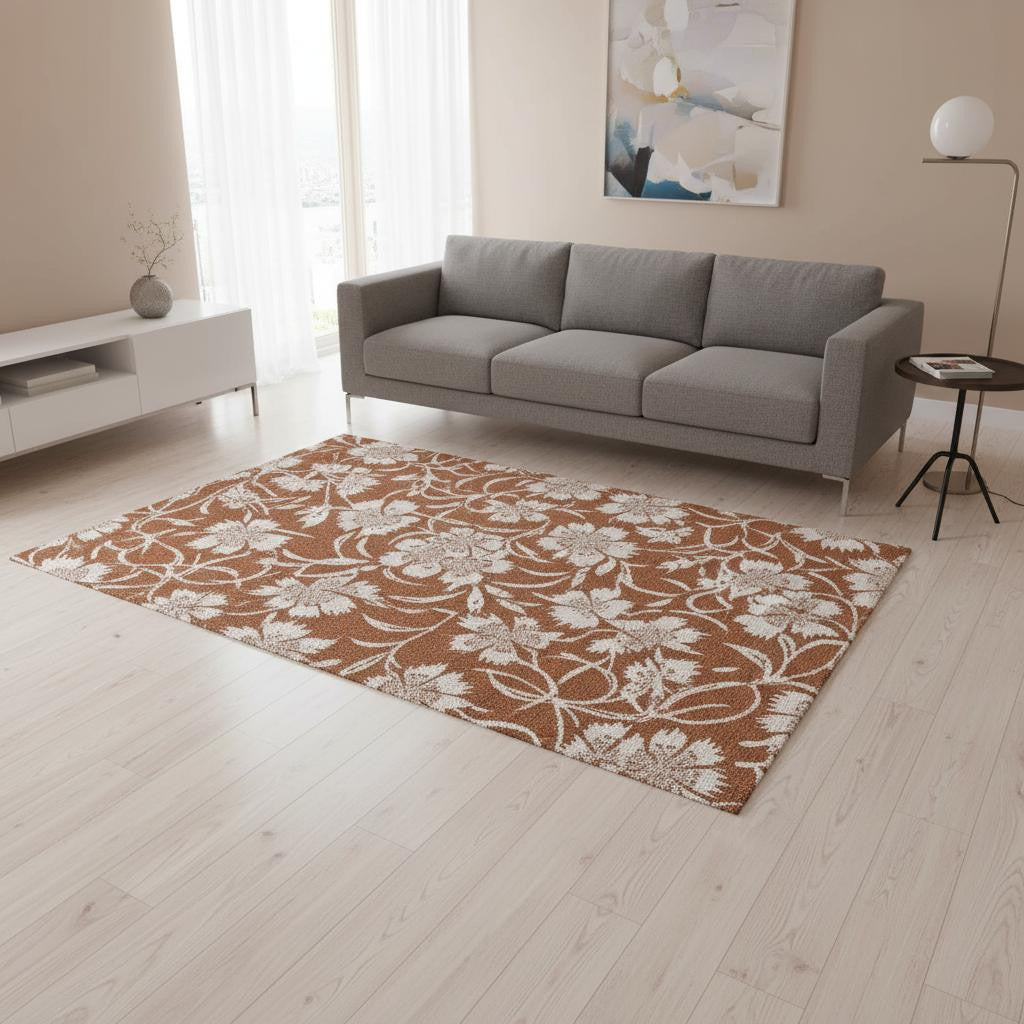 5 X 8 Orange And White Botanical Leaves Area Rug
