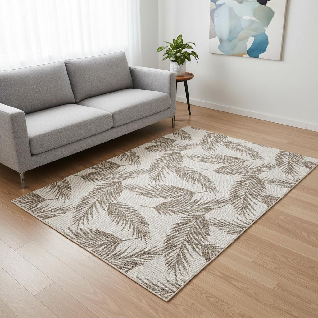 5 X 8 Taupe And Cream Botanical Leaves Area Rug
