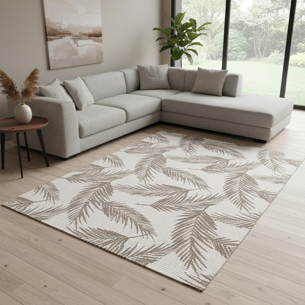 8 X 11 Taupe And Cream Botanical Leaves Area Rug