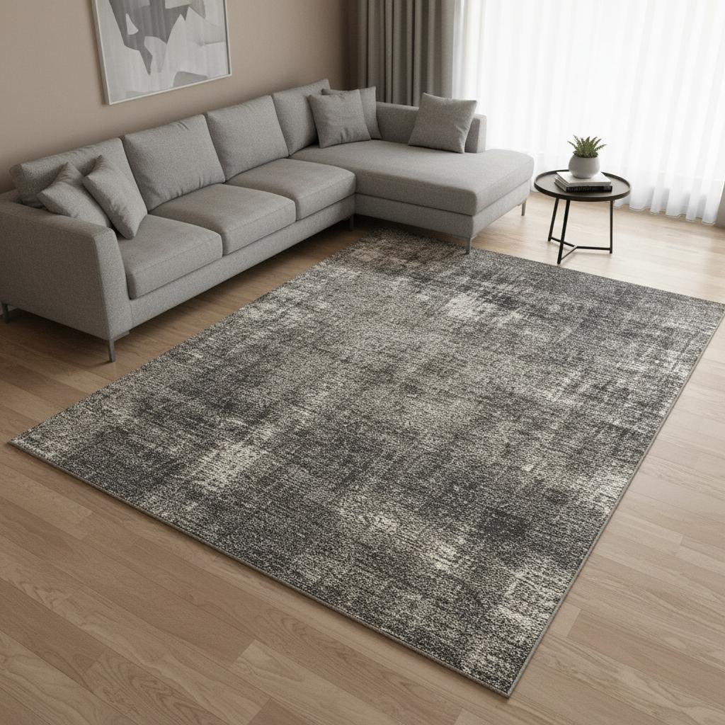 7 X 10 Gray And Off White Abstract Area Rug