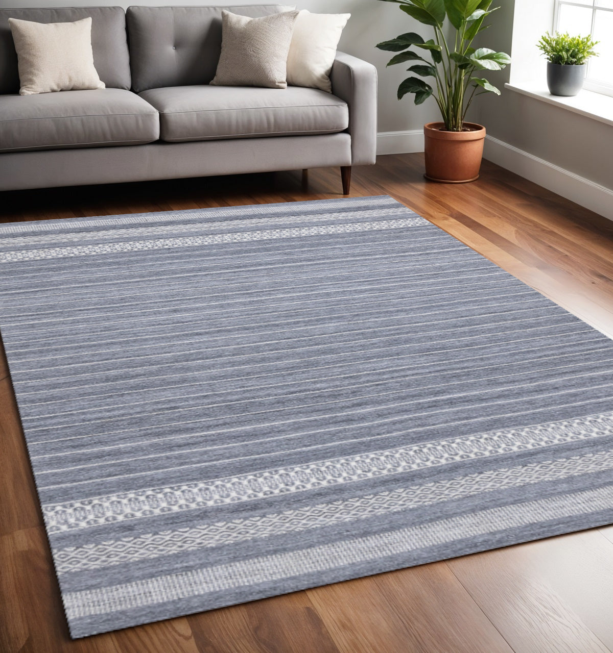 5 X 8 Gray And White Striped Hand Woven Area Rug