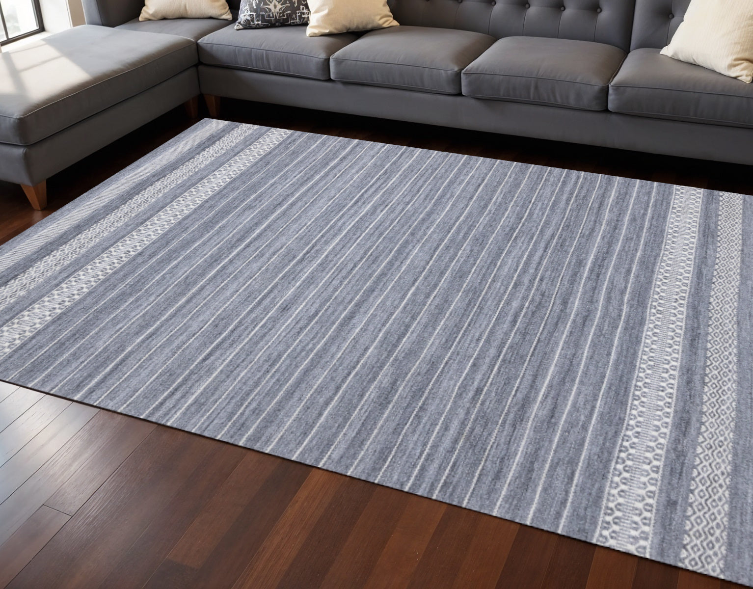 8 X 11 Gray And White Striped Hand Woven Area Rug