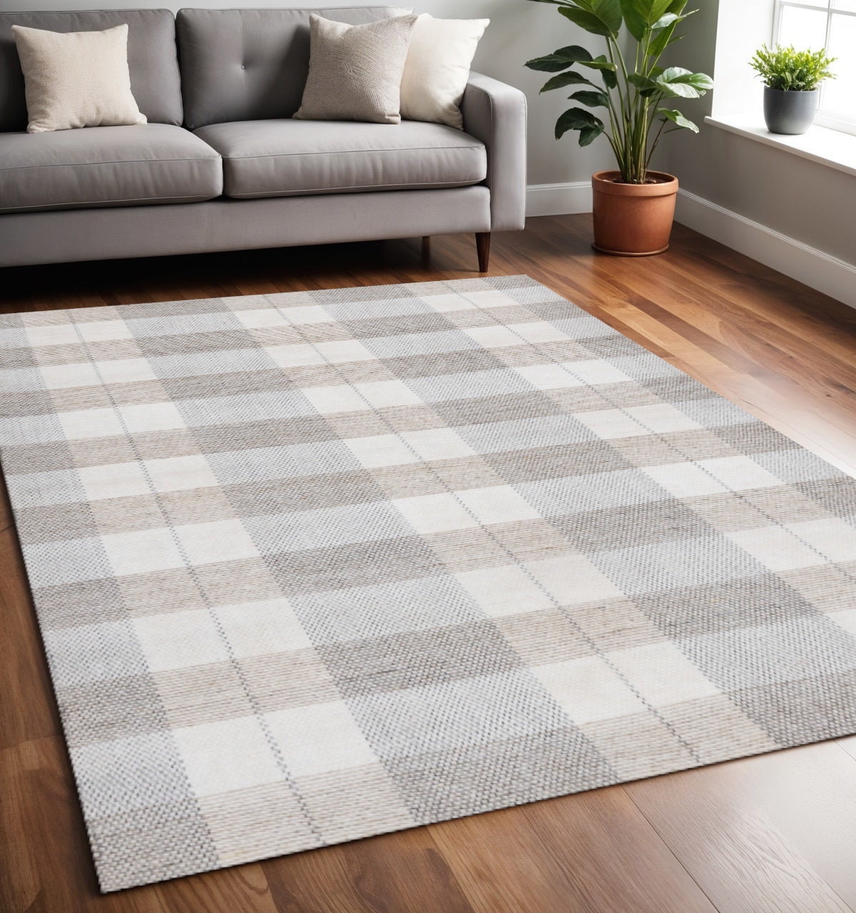 5 X 8 Cream And Gray Geometric Hand Woven Area Rug