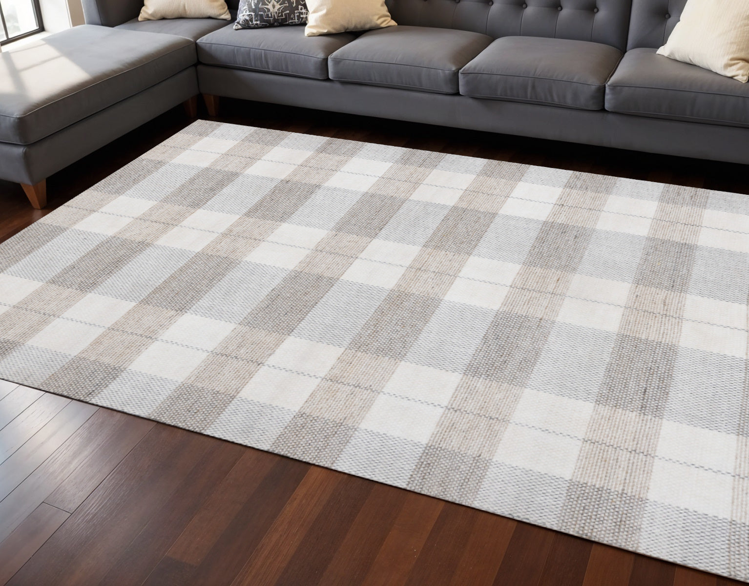 8 X 11 Cream And Gray Geometric Hand Woven Area Rug