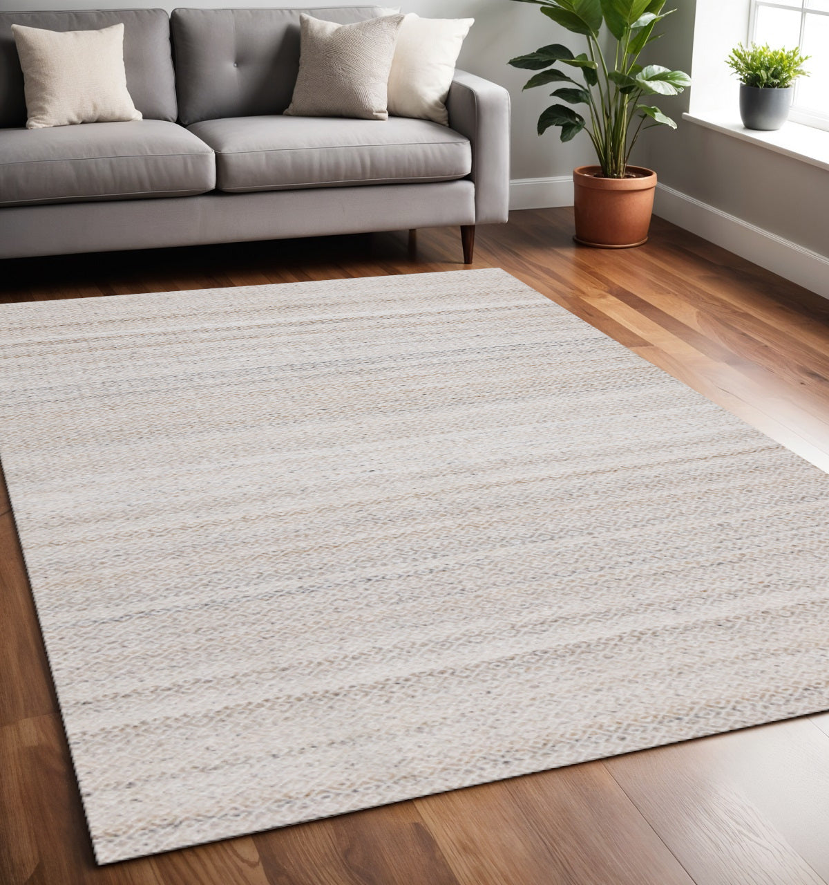 5 X 8 Cream And Beige Geometric Hand Woven Area Rug