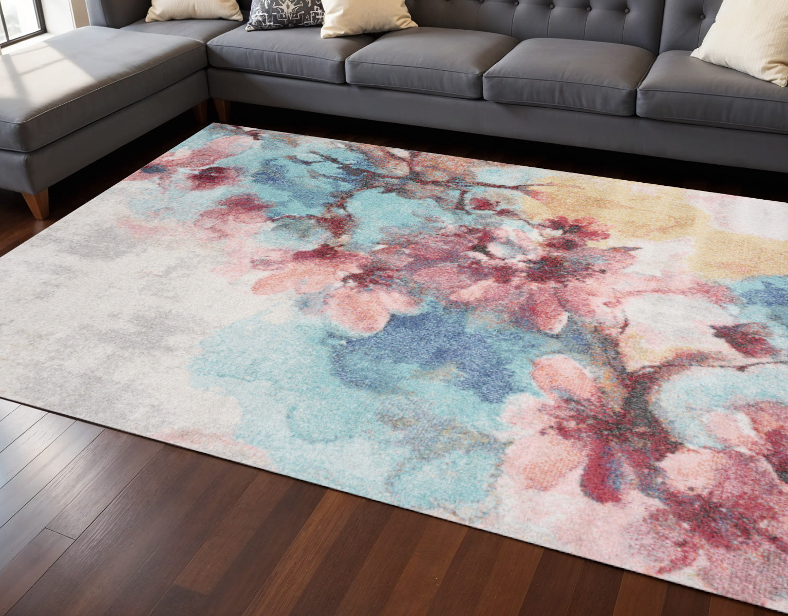 8 X 11 Cream Blue And Pink Floral Area Rug