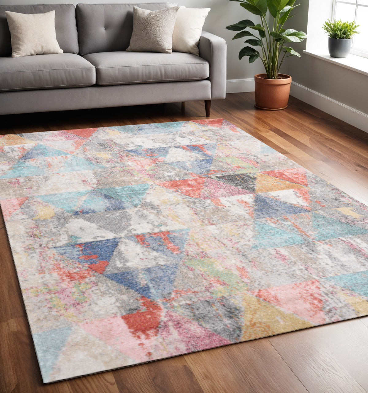 5 X 8 Gray Pink And Blue Geometric Area Rug