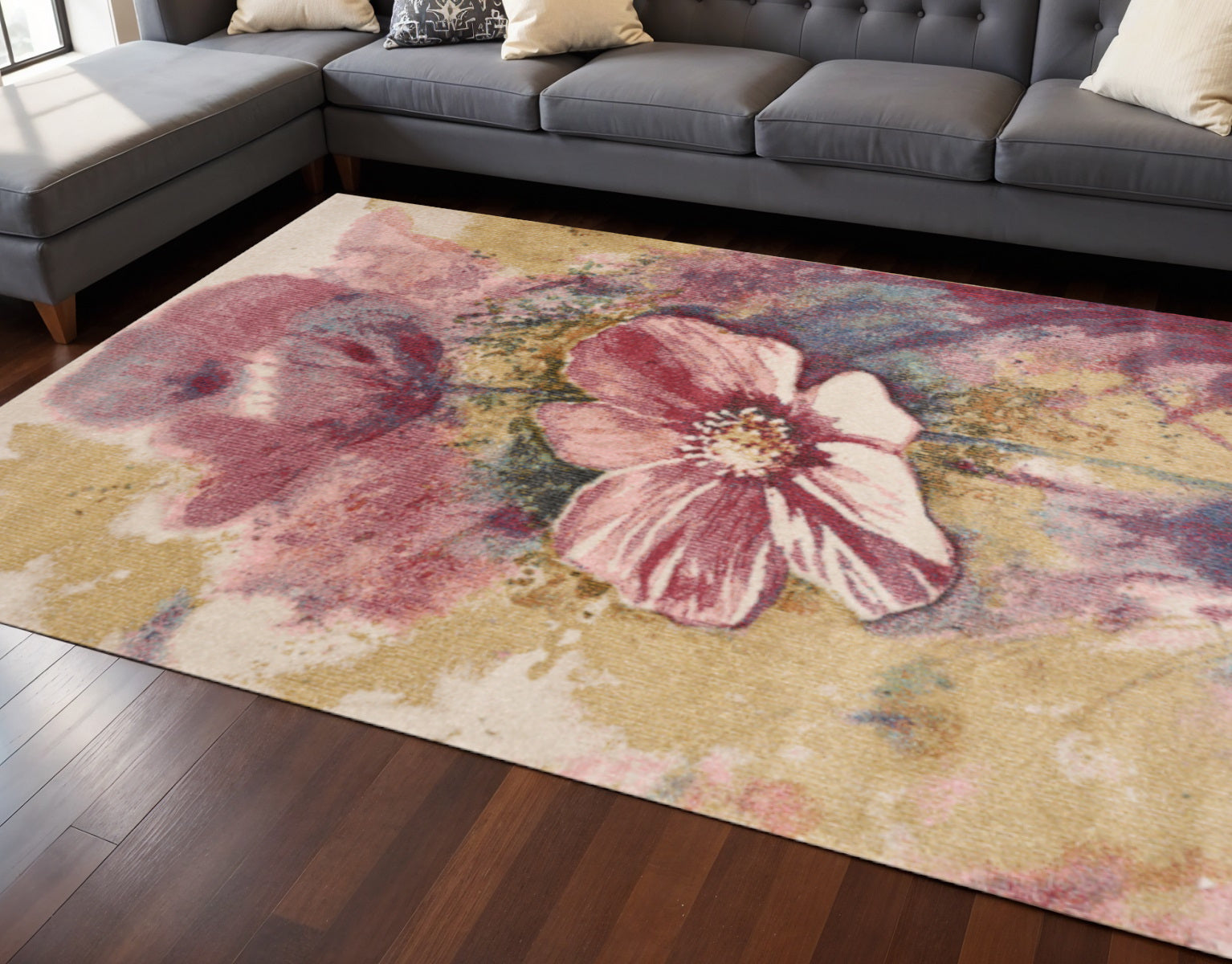 8 X 11 Yellow And Pink Floral Area Rug