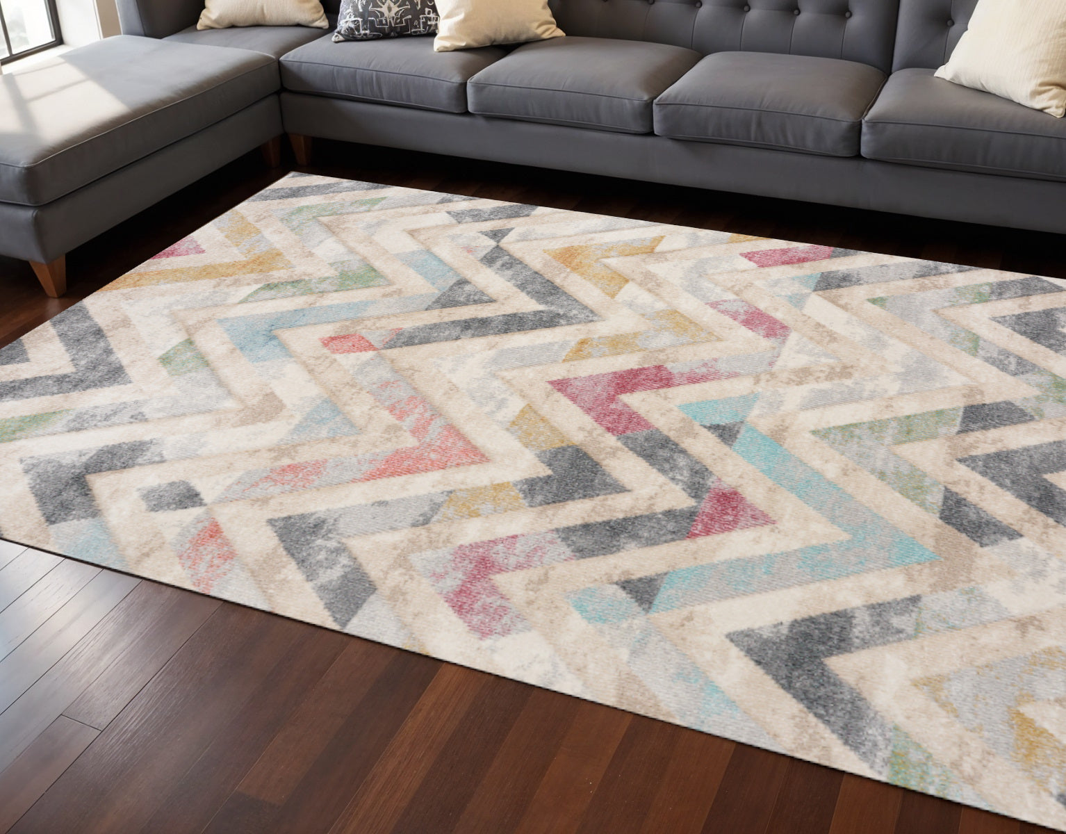 8 X 11 Cream Blue And Pink Chevron Area Rug