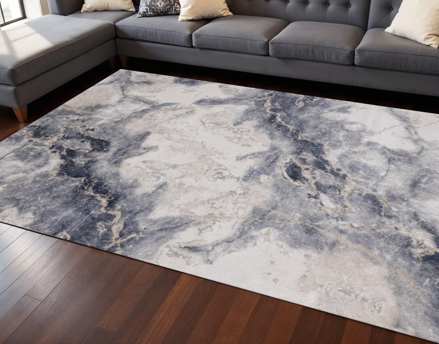 7 X 10 Blue Cream And Gray Abstract Area Rug