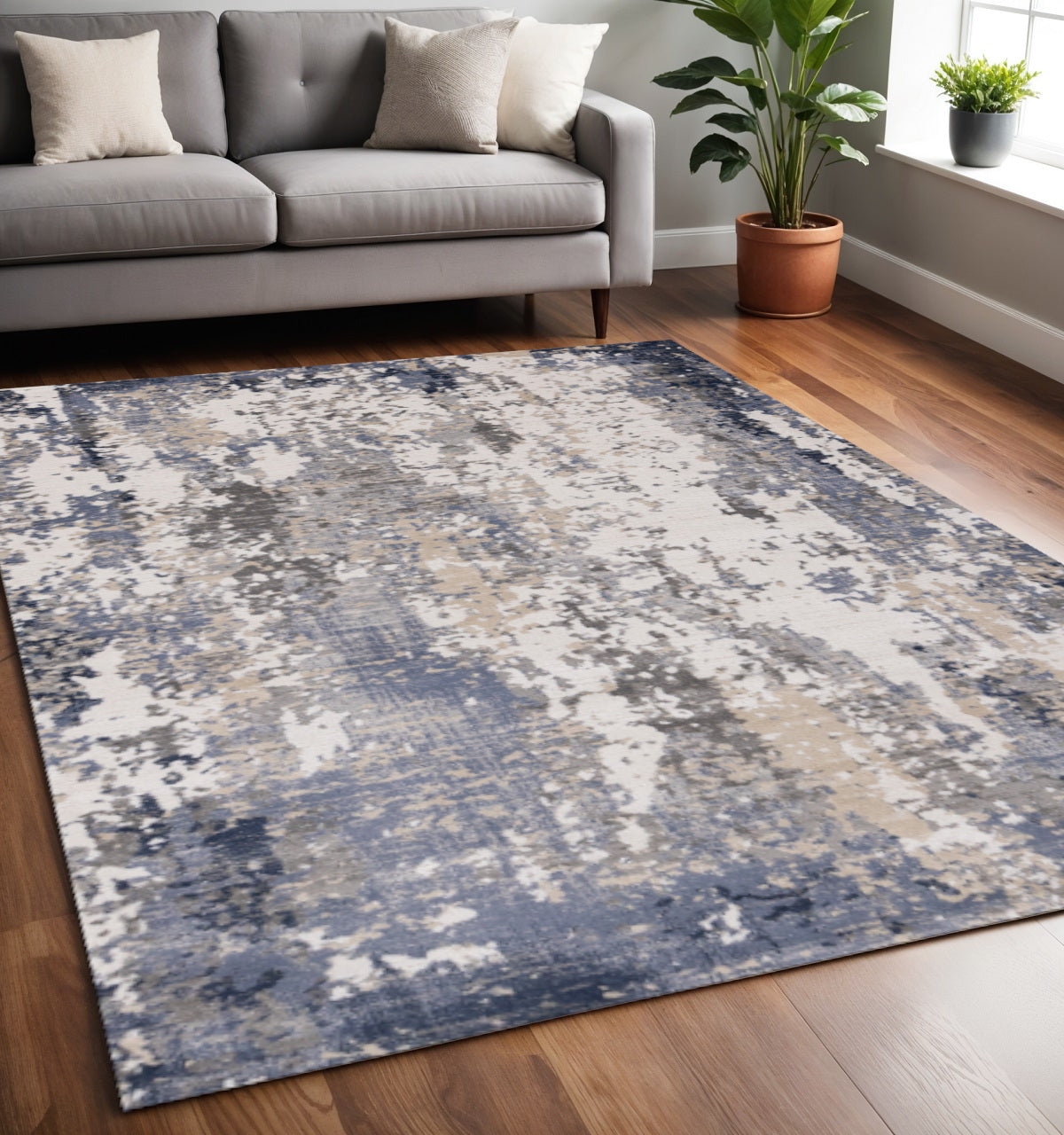 5 X 8 Blue Beige And Gray Abstract Area Rug