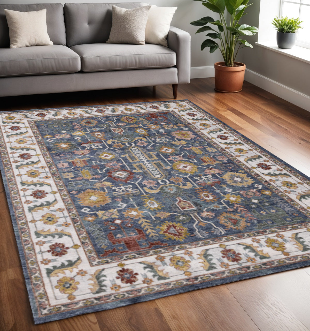 5 X 8 Blue Cream And Yellow Medallion Area Rug