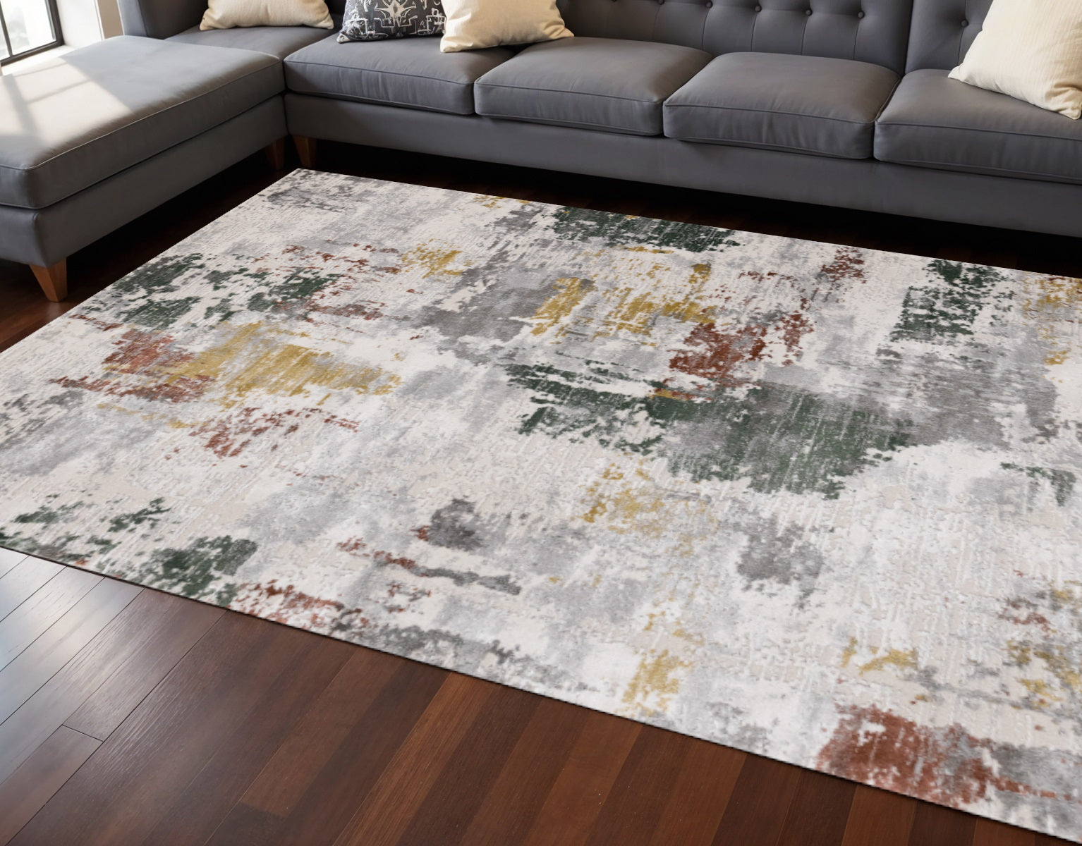 8 X 11 Gray Yellow And Green Abstract Area Rug