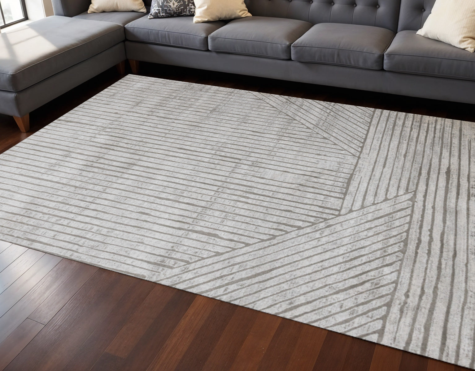8 X 11 Gray And Off White Striped Area Rug