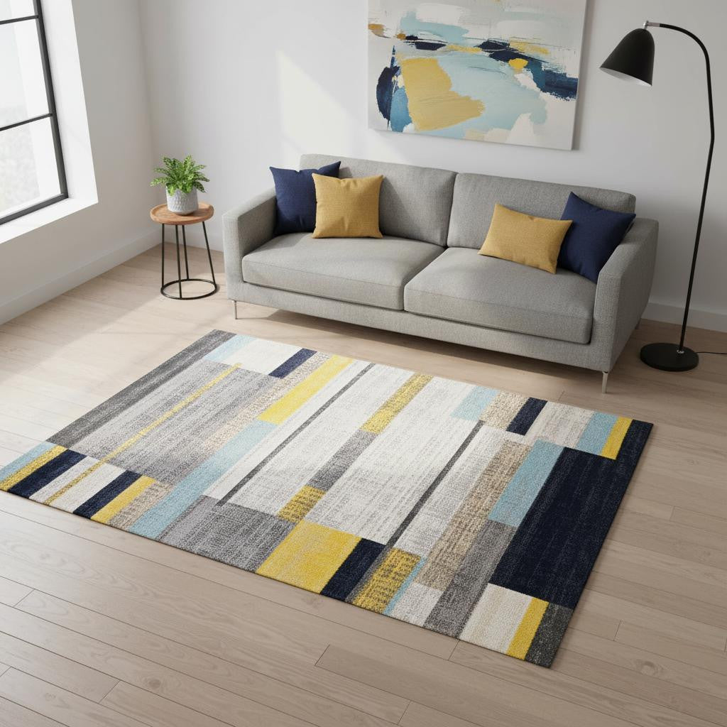 5 X 8 Gray Yellow And Black Geometric Area Rug