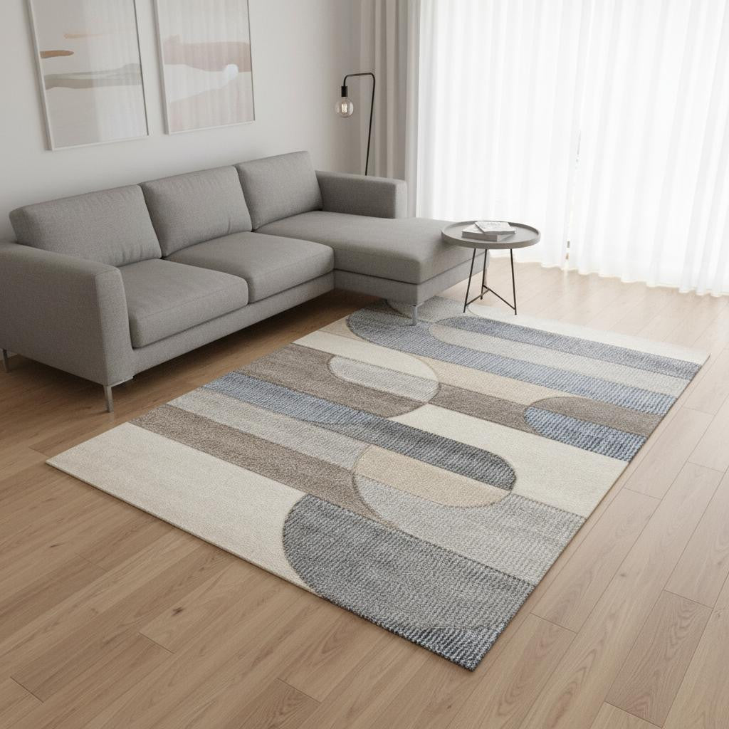 5 X 8 Blue Cream And Brown Geometric Area Rug