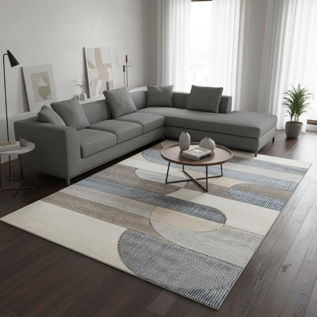 8 X 11 Blue Cream And Brown Geometric Area Rug