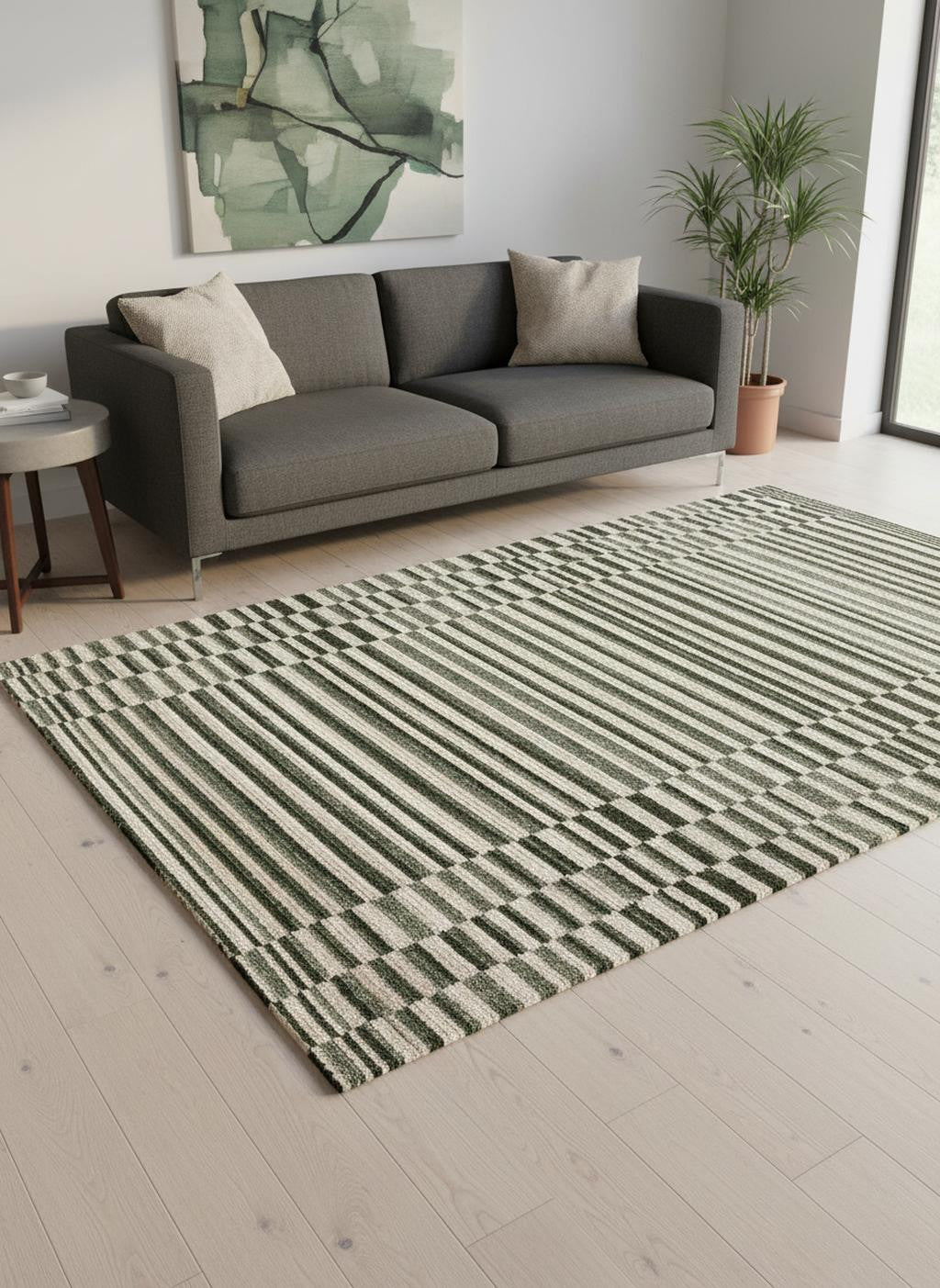 5 X 8 Green Black And Beige Striped Area Rug