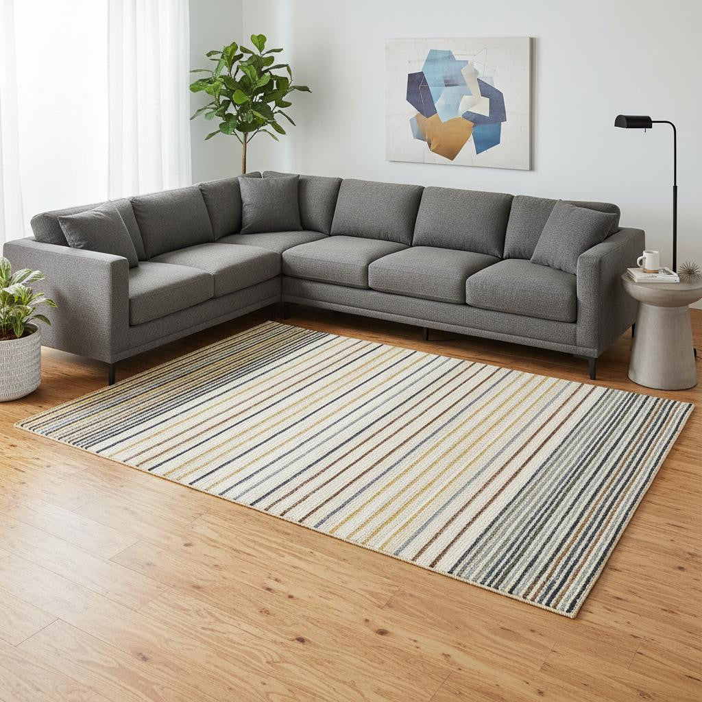 8 X 11 Cream Blue And Red Striped Area Rug