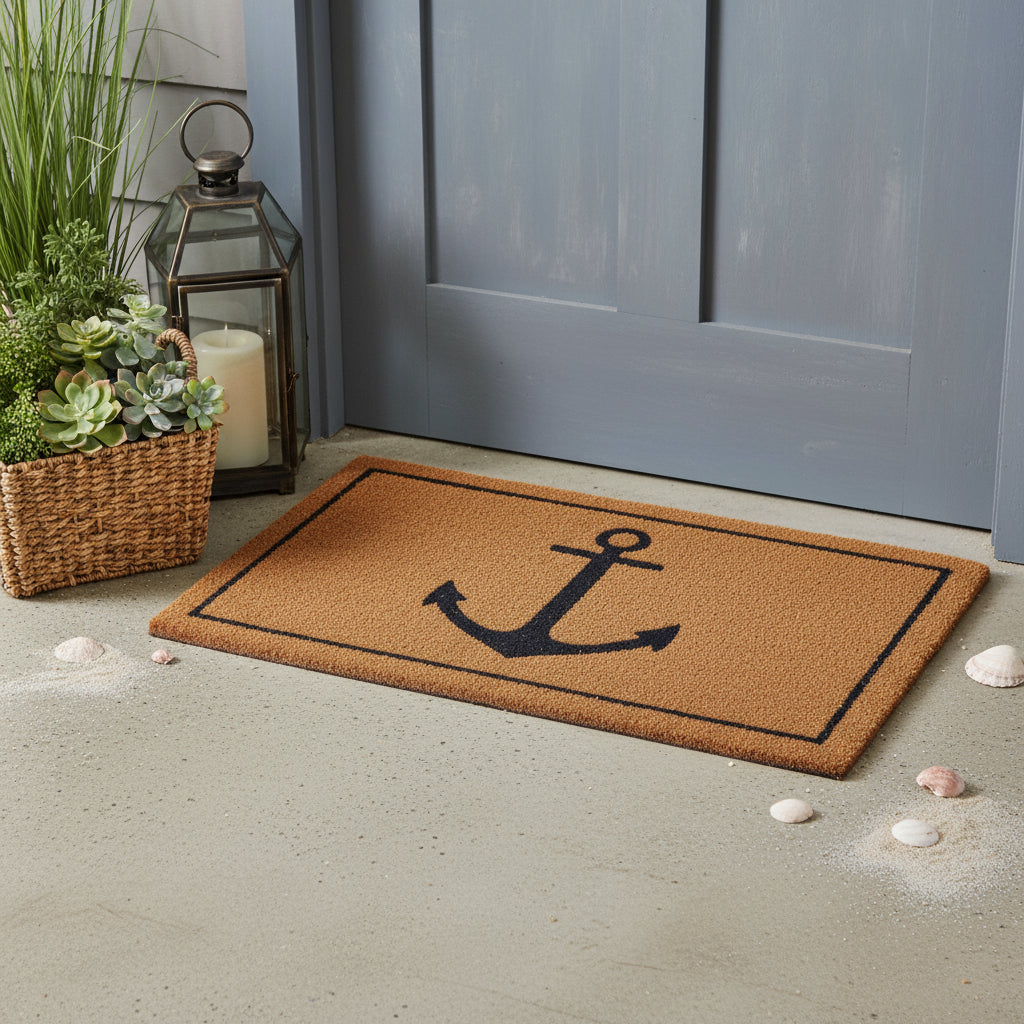 16 X 30 Light Brown And Navy Blue Anchor Indoor Coir Door Mat