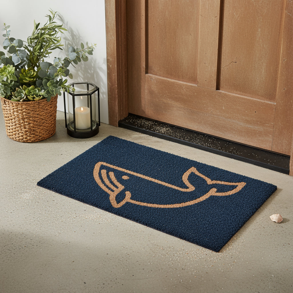 16 X 30 Natural And Navy Blue Whale Indoor Coir Door Mat