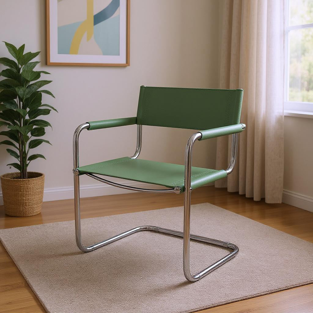 23 Silver And Green Leather and Stainless Steel Arm Chair