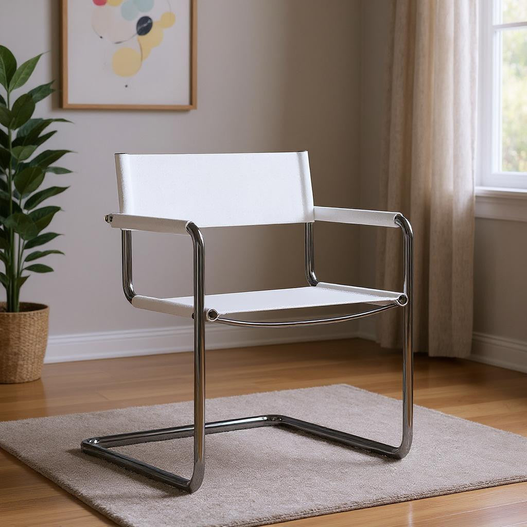 23 Silver And White Leather and Stainless Steel Arm Chair