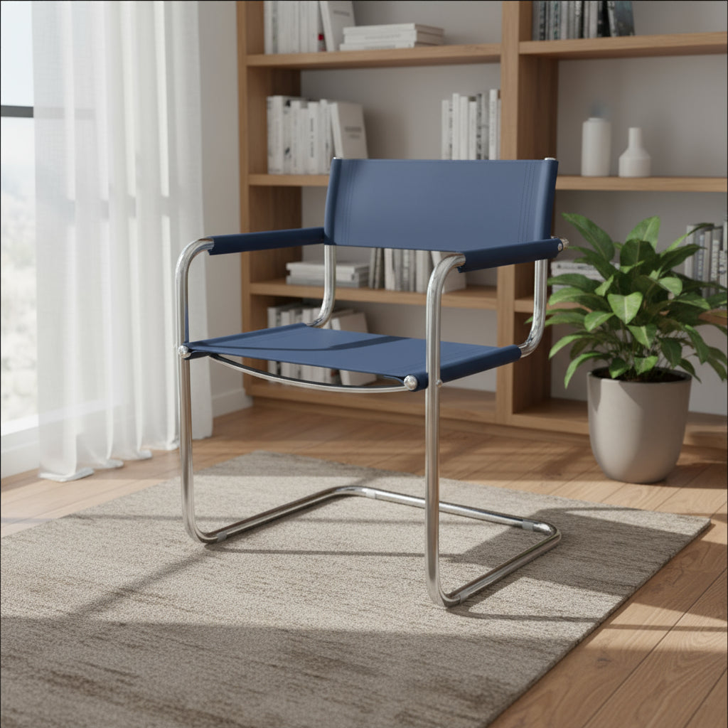 23 Navy Blue and Silver Leather and Stainless Steel Arm Chair