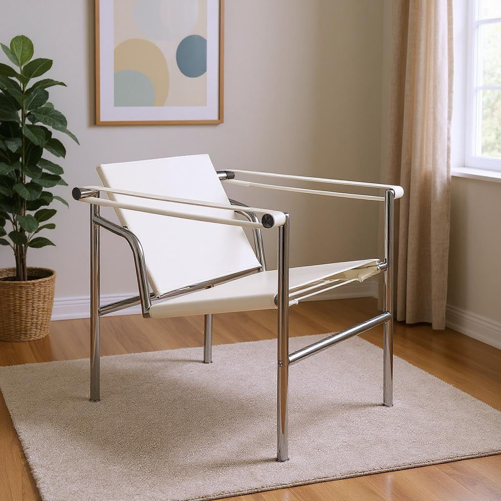 24 White and Silver Faux Leather and Stainless Adjustable Back Arm Chair