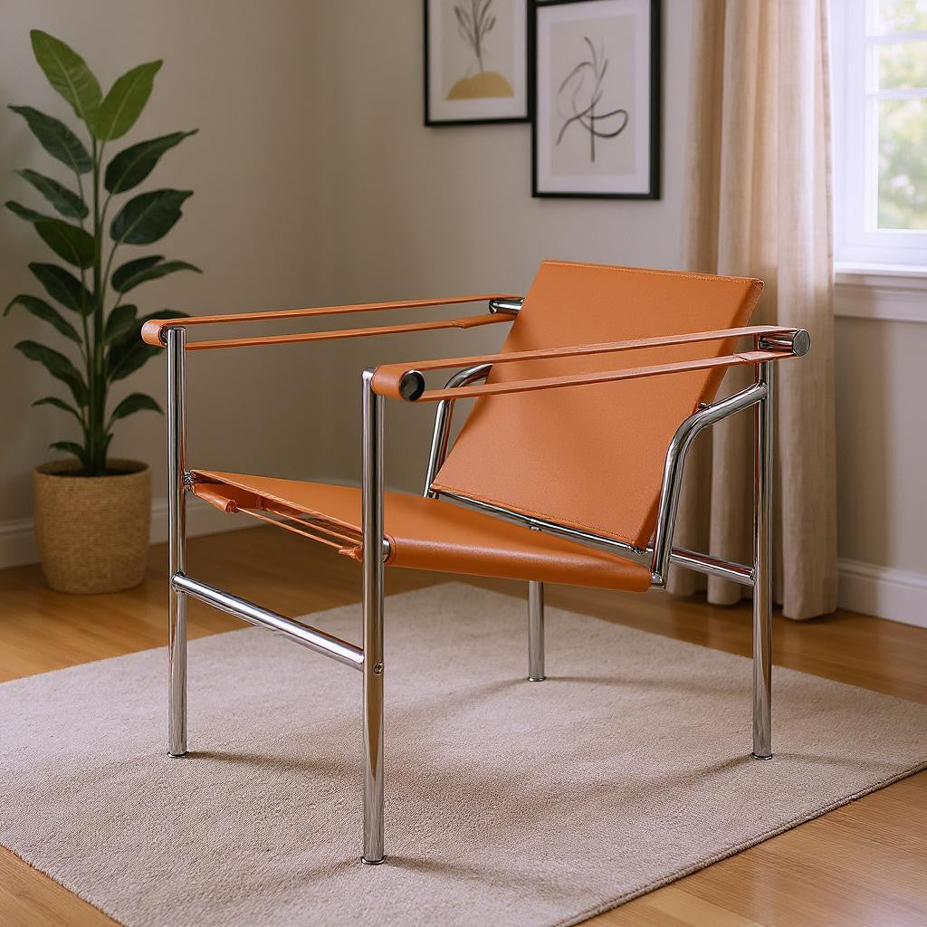 24 Terra Cotta and Silver Faux Leather and Stainless Adjustable Back Arm Chair