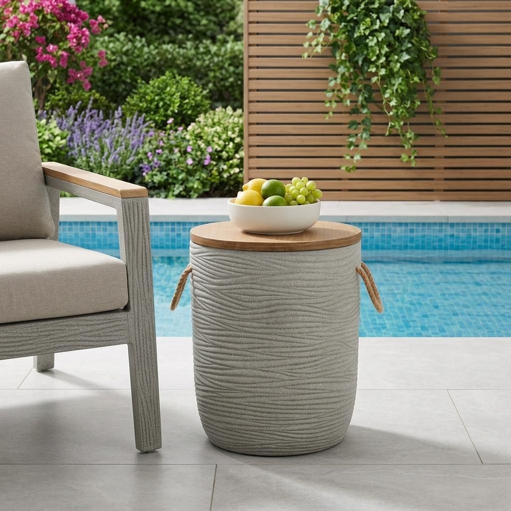 14 Natural and Gray Solid Wood and Faux Concrete Round Outdoor Side Table