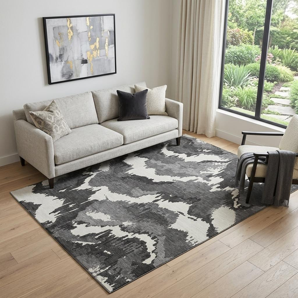 5 X 8 Black And Ivory Abstract Washable Area Rug With UV Protection