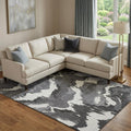 8 X 10 Black And Ivory Abstract Washable Area Rug With UV Protection