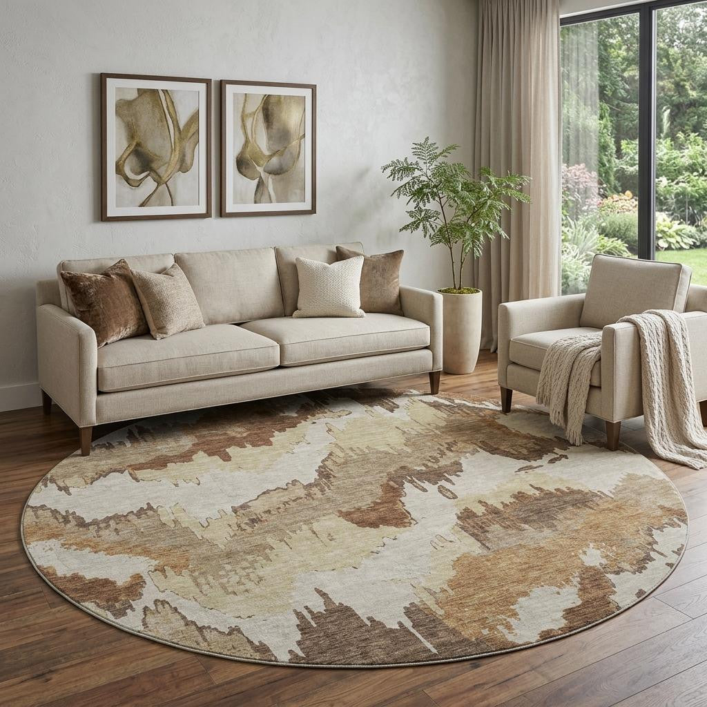 8 Chocolate Ivory And Beige Abstract Washable Round Rug With UV Protection
