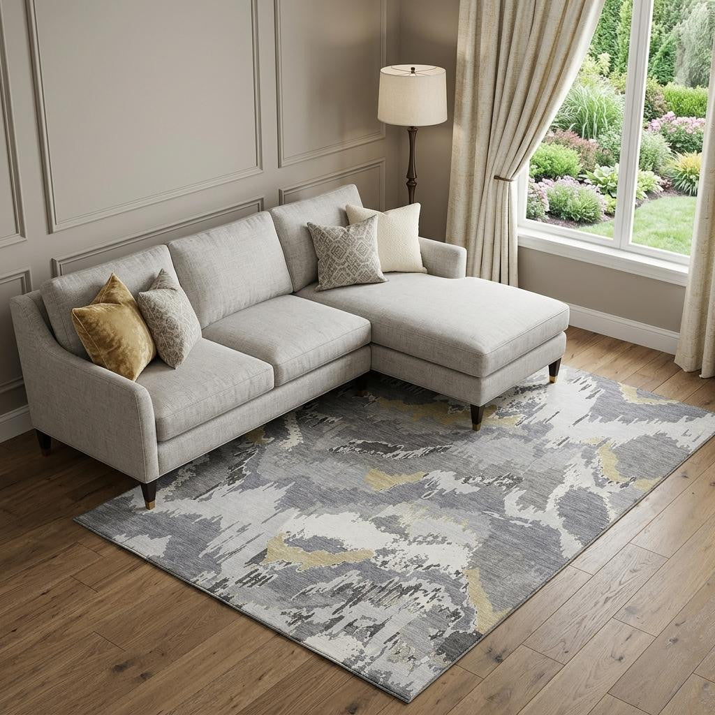 10 X 14 Gray Gold And Ivory Abstract Washable Area Rug With UV Protection