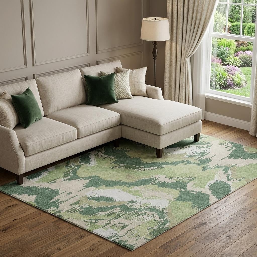 9 X 12 Green Ivory And Beige Abstract Washable Area Rug With UV Protection